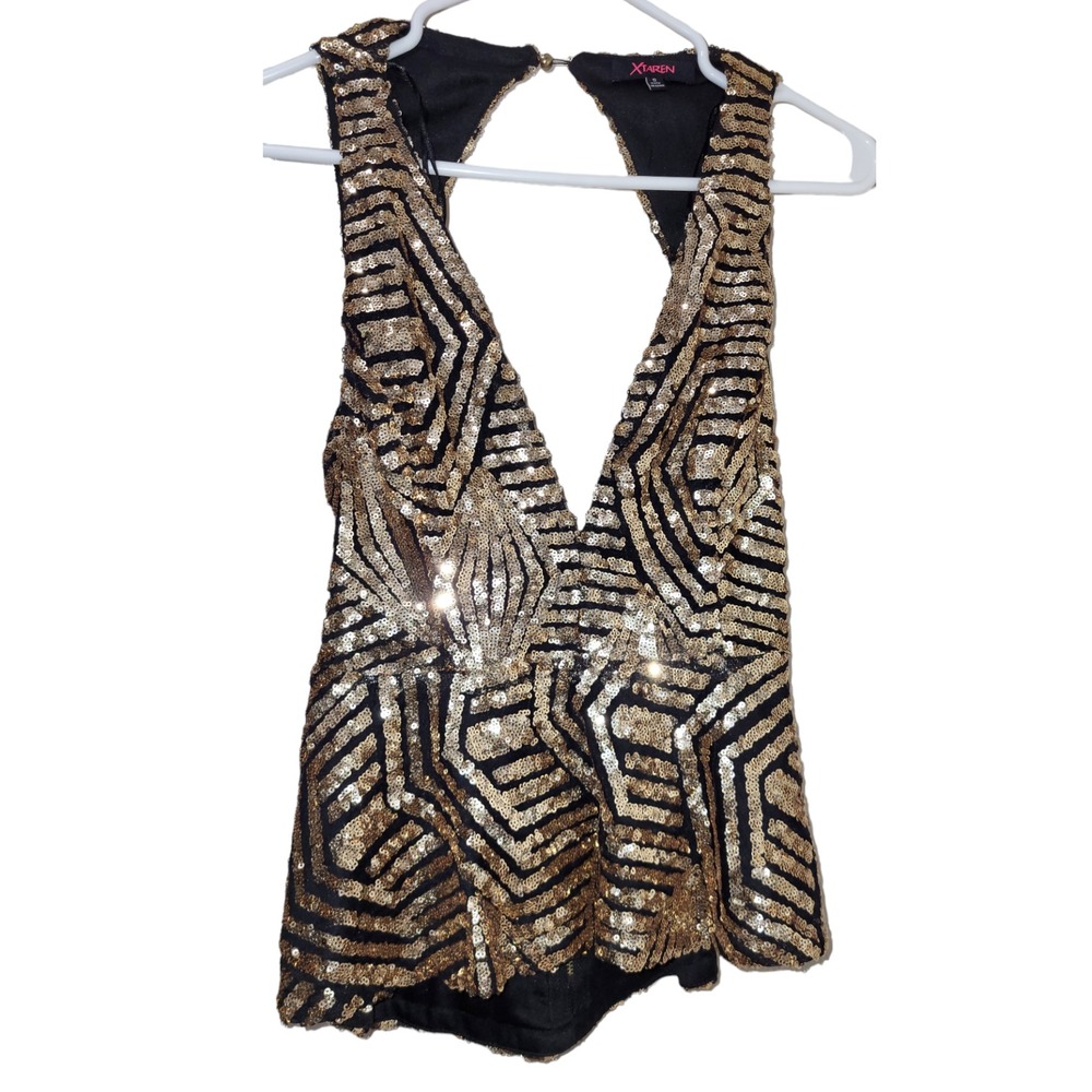 Xtaren Sparkling‎ Party Top Gold Sequins Front V-Neck Open Back Sparkling Vest